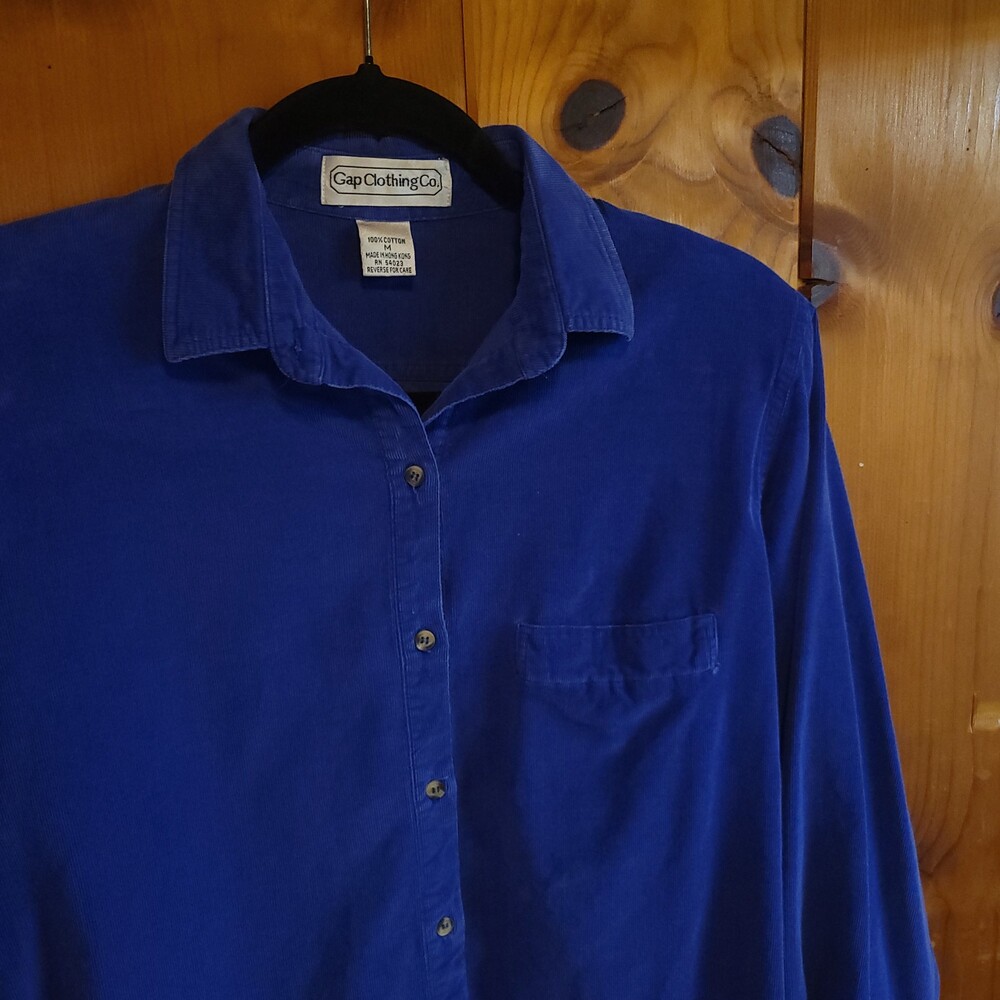 Vintage 80s 90s Gap Medium Blue Corduroy shoulder pads Button Up Shirt Cotton